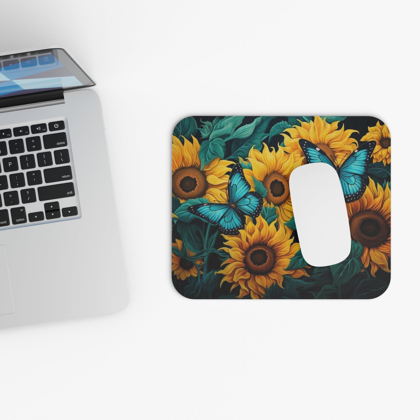 Sunflower & Blue Butterfly Mouse Pad — Floral Desk Mousepad for Nature Lovers