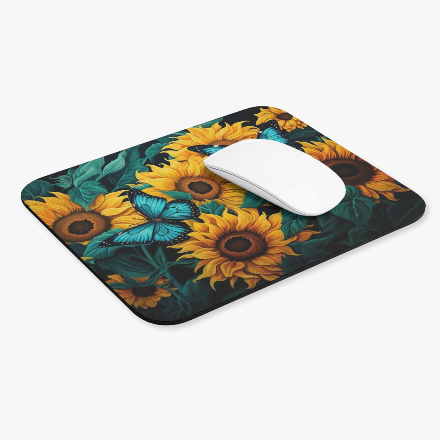 Sunflower & Blue Butterfly Mouse Pad — Floral Desk Mousepad for Nature Lovers